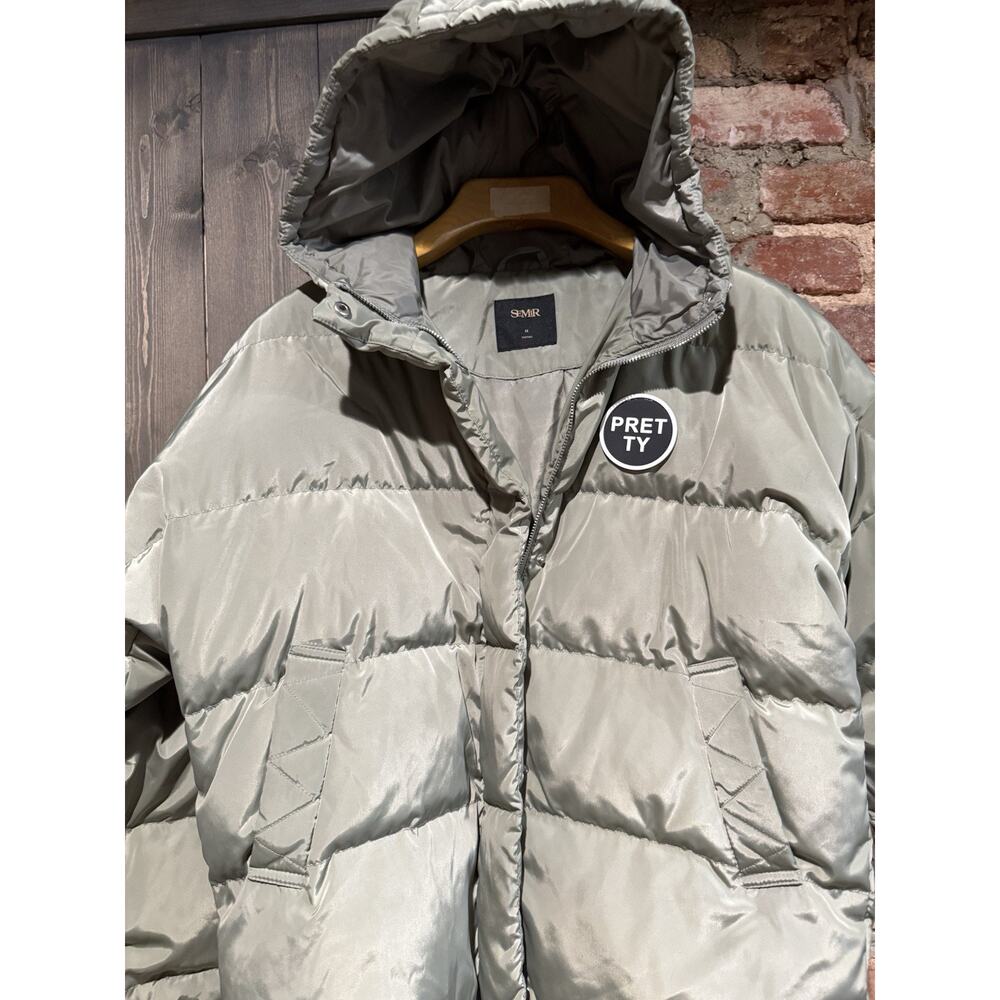 Semir Women’s Puffer Jacket Sz M Greenish/Gray “Pretty” Logo White Duck Down EUC